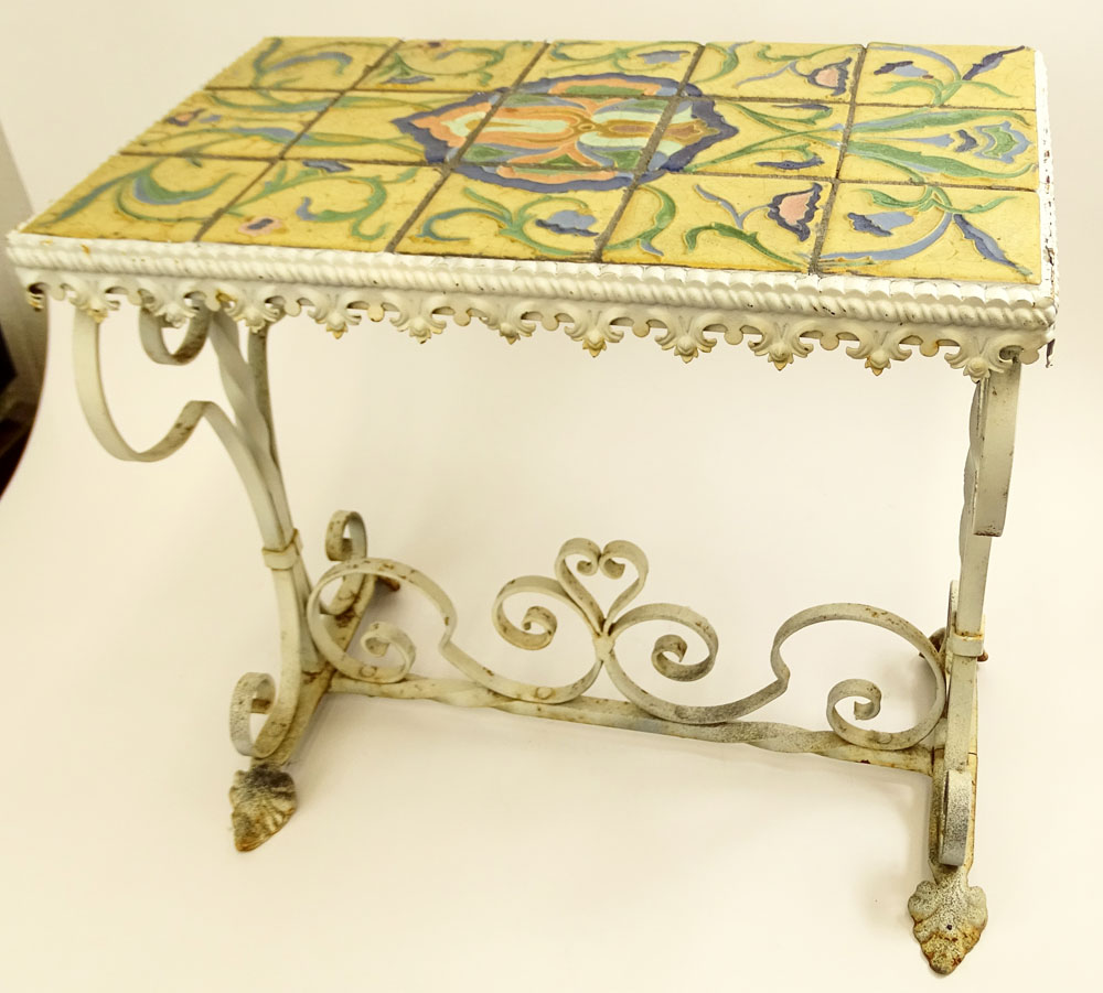 Harvey Yellin Wrought Iron Table Inlaid With Pottery Tiles, Possibly Rookwood. 
