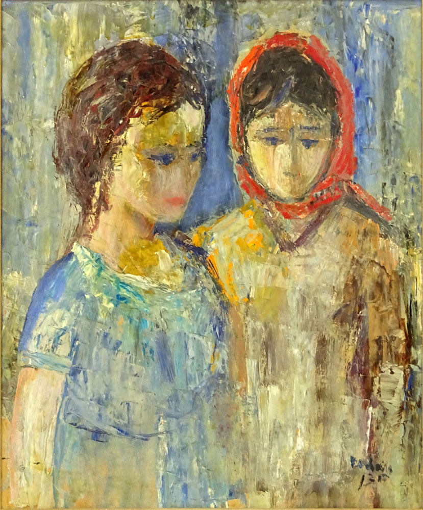 Jehuda Rodan, Israeli  (1916-1985) Oil on masonite "Two Children" 