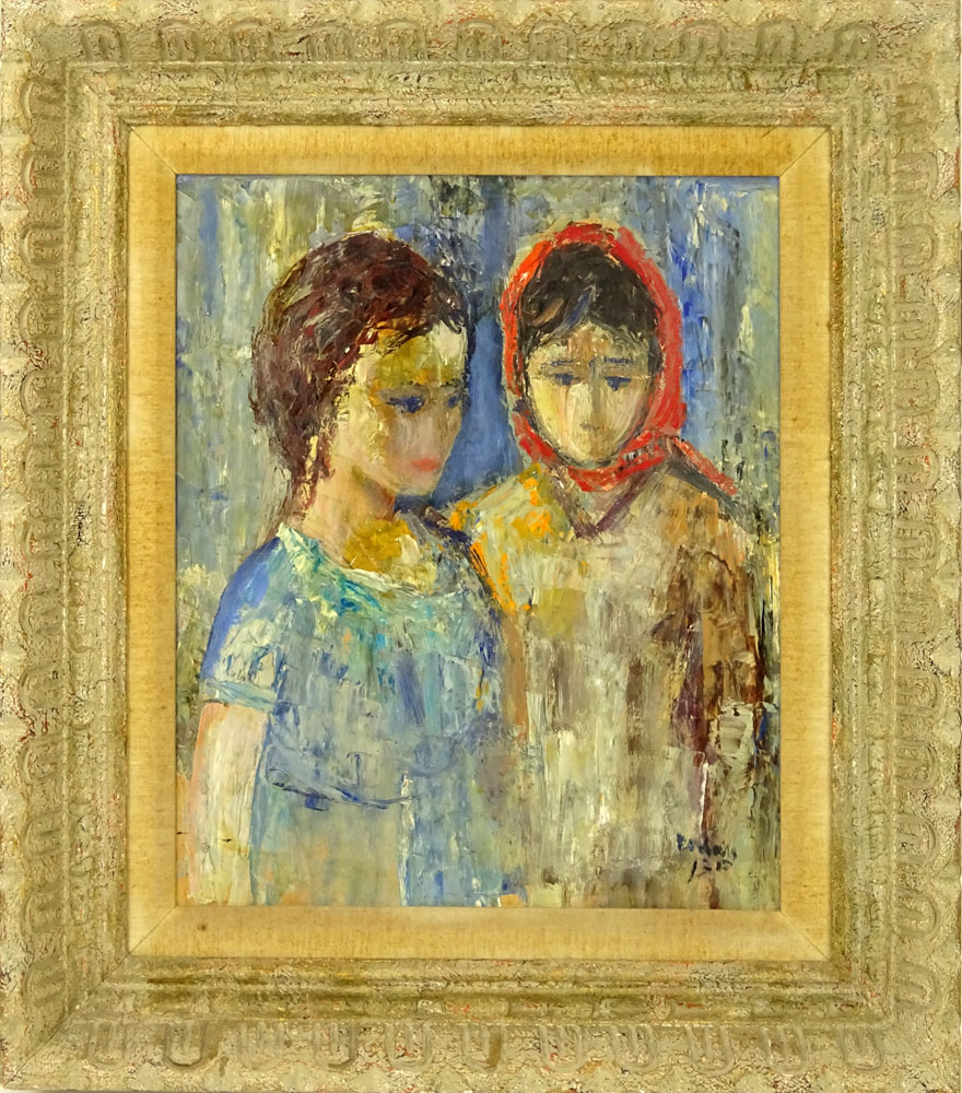 Jehuda Rodan, Israeli  (1916-1985) Oil on masonite "Two Children" 