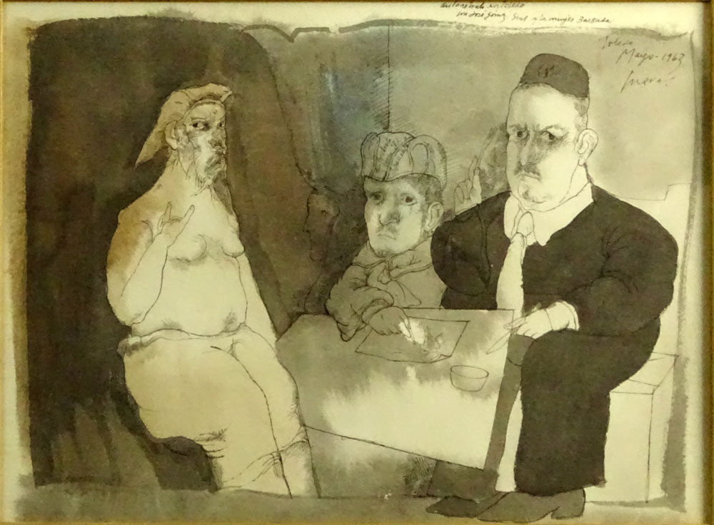 Jose Luis Cuevas, New York/Mexican (b. 1934) Watercolor and Ink on Paper."Auto retrato en Toledo con Jose Gomez. Sial y la mujer Barbuda".