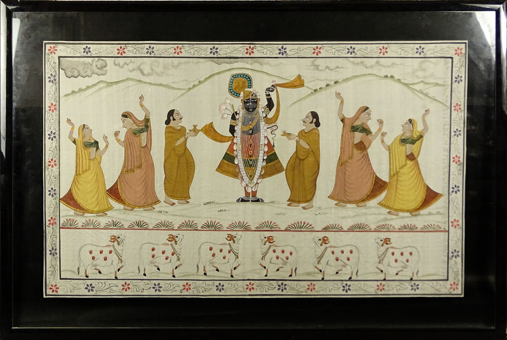 Vintage Indian Painting on Linen "Dancing Figures and Bulls" 