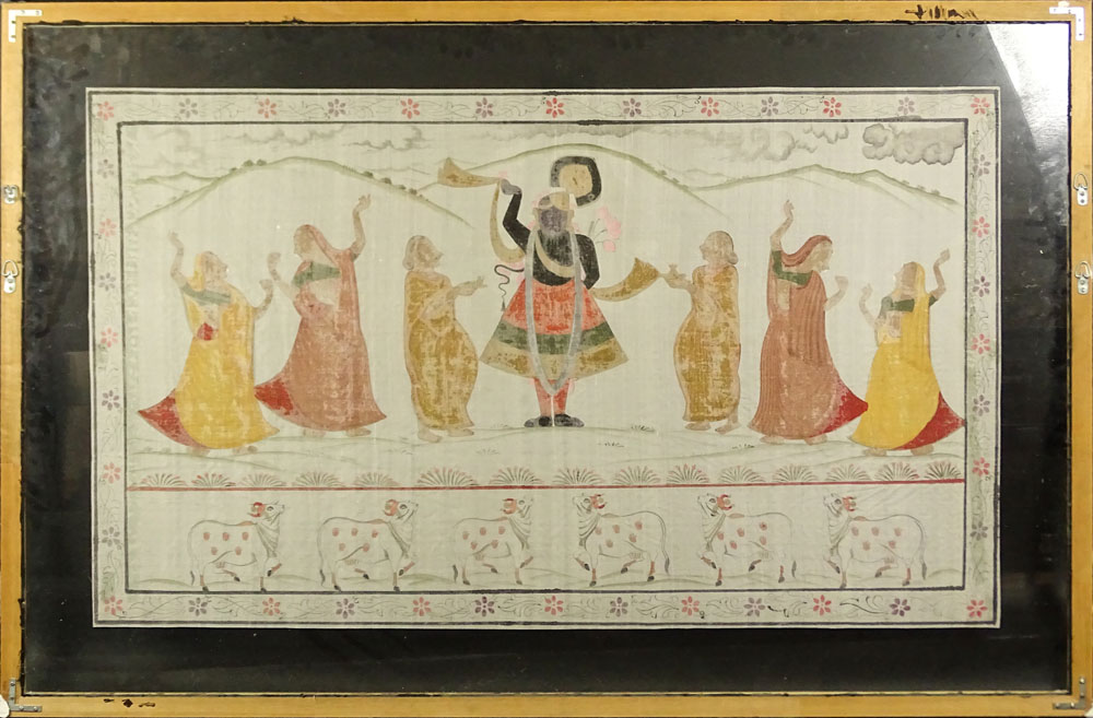 Vintage Indian Painting on Linen "Dancing Figures and Bulls" 