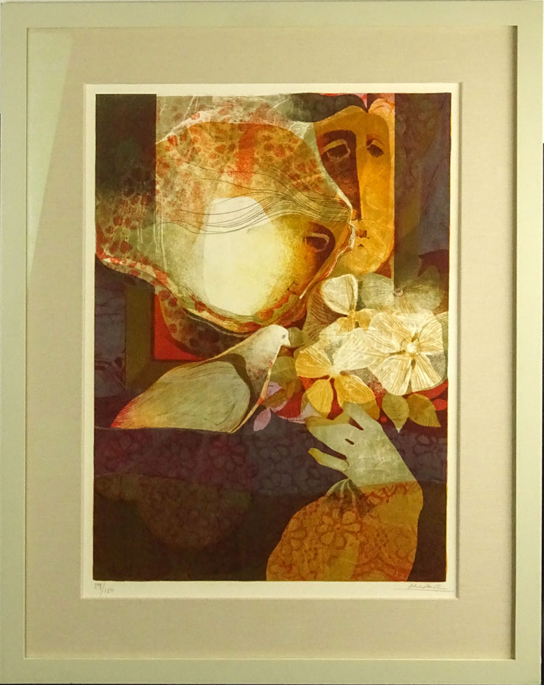 Alvar Alvar Sunol Munoz-Ramos, Spanish (b.1935) Color lithograph "Two Figures With Pigeon and Flowers" 