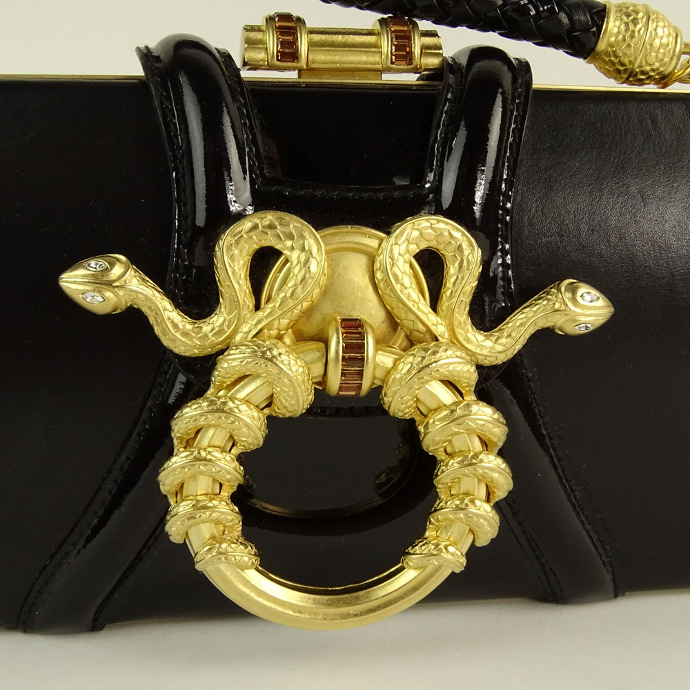 Rachel Zoe Design For Judith Leiber Black Leather Medusa Evening Bag.