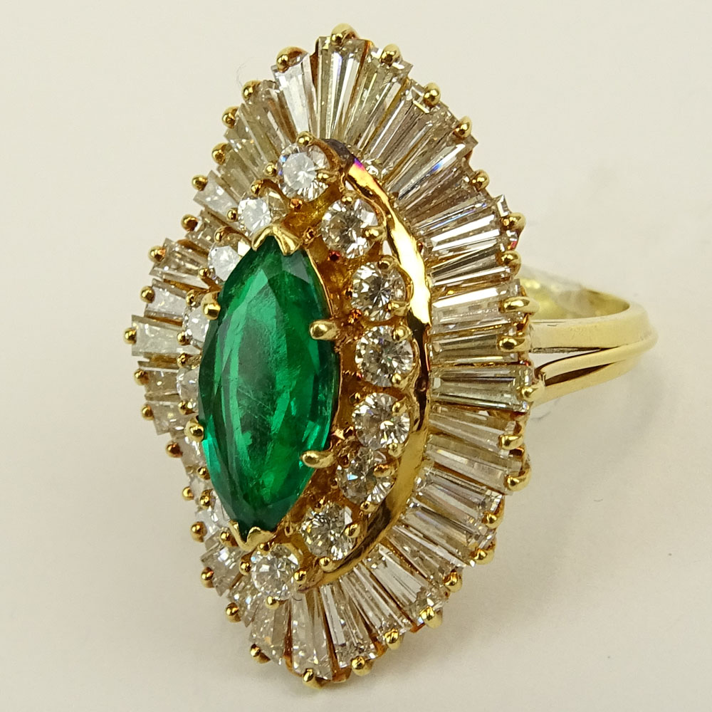 Lady's Approx. 3.75 Carat Colombian Muzo Mine Marquise Cut Emerald, 1.75 Carat Round and Baguette Cut Diamond and 18 Karat Yellow Gold Ballerina Ring