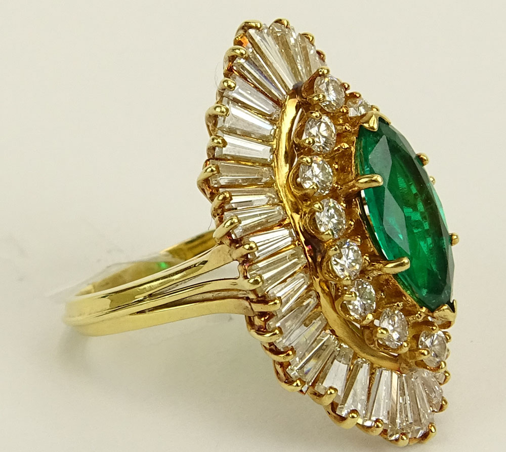 Lady's Approx. 3.75 Carat Colombian Muzo Mine Marquise Cut Emerald, 1.75 Carat Round and Baguette Cut Diamond and 18 Karat Yellow Gold Ballerina Ring