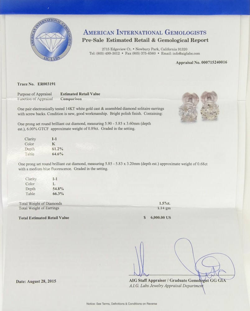 AIG Certified 1.57 Carat, total weight, Round Brilliant Cut Diamond and 14 Karat White Gold Earstuds.