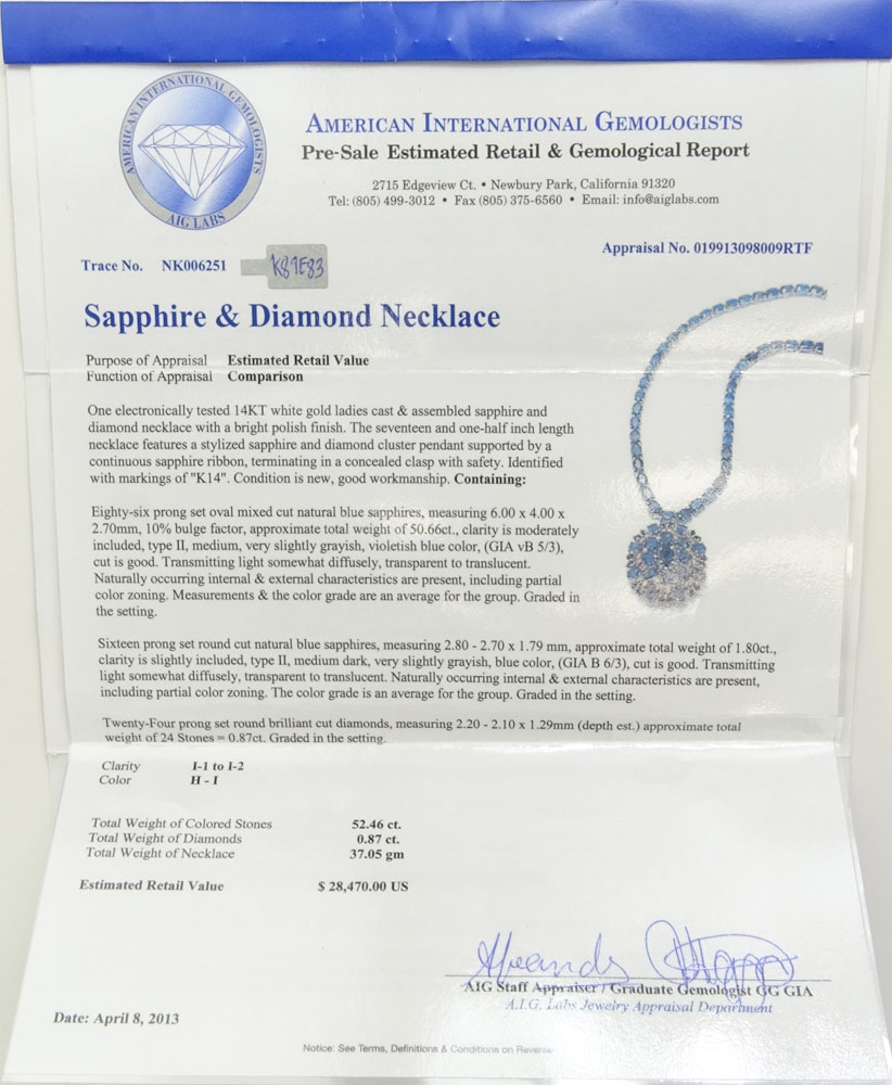 AIG Certified 52.46 Carat Oval Cut Sapphire, .87 Carat Round Brilliant Cut Diamond and 14 Karat White Gold Pendant Necklace.