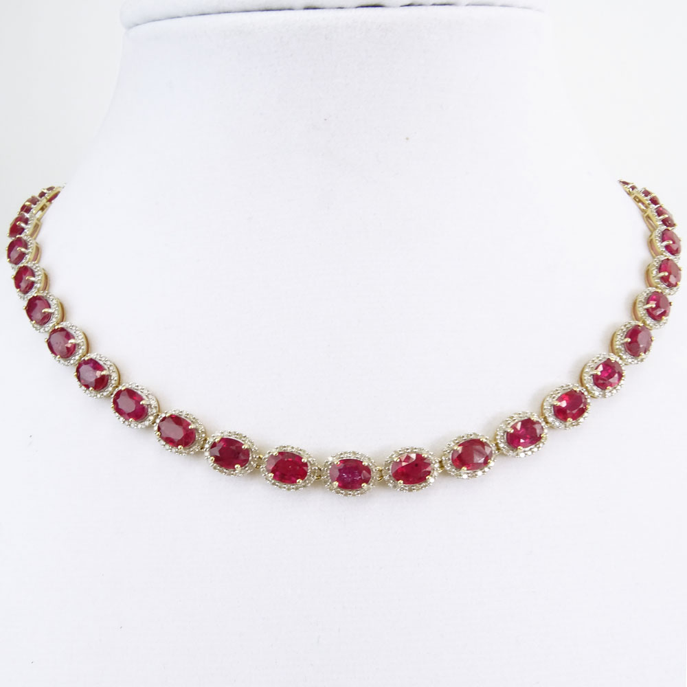 AIG Certified 48.49 Carat Oval Cut Ruby, 4.27 Carat Round Brilliant Cut Diamond and 14 Karat Yellow Gold Necklace. 