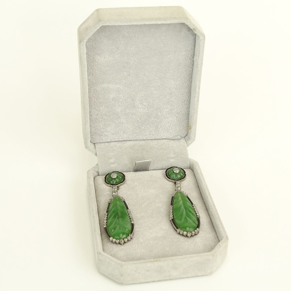 20th Century Russian Carved Jade, Approx. 1.75 Carat European Cut Diamond, Enamel and 14 Karat Gold Chandelier Earrings.