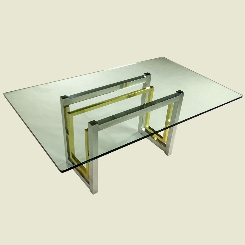 Mid Century Modern Romeo Rega Chrome and Brass Dining Table with Glass Top.