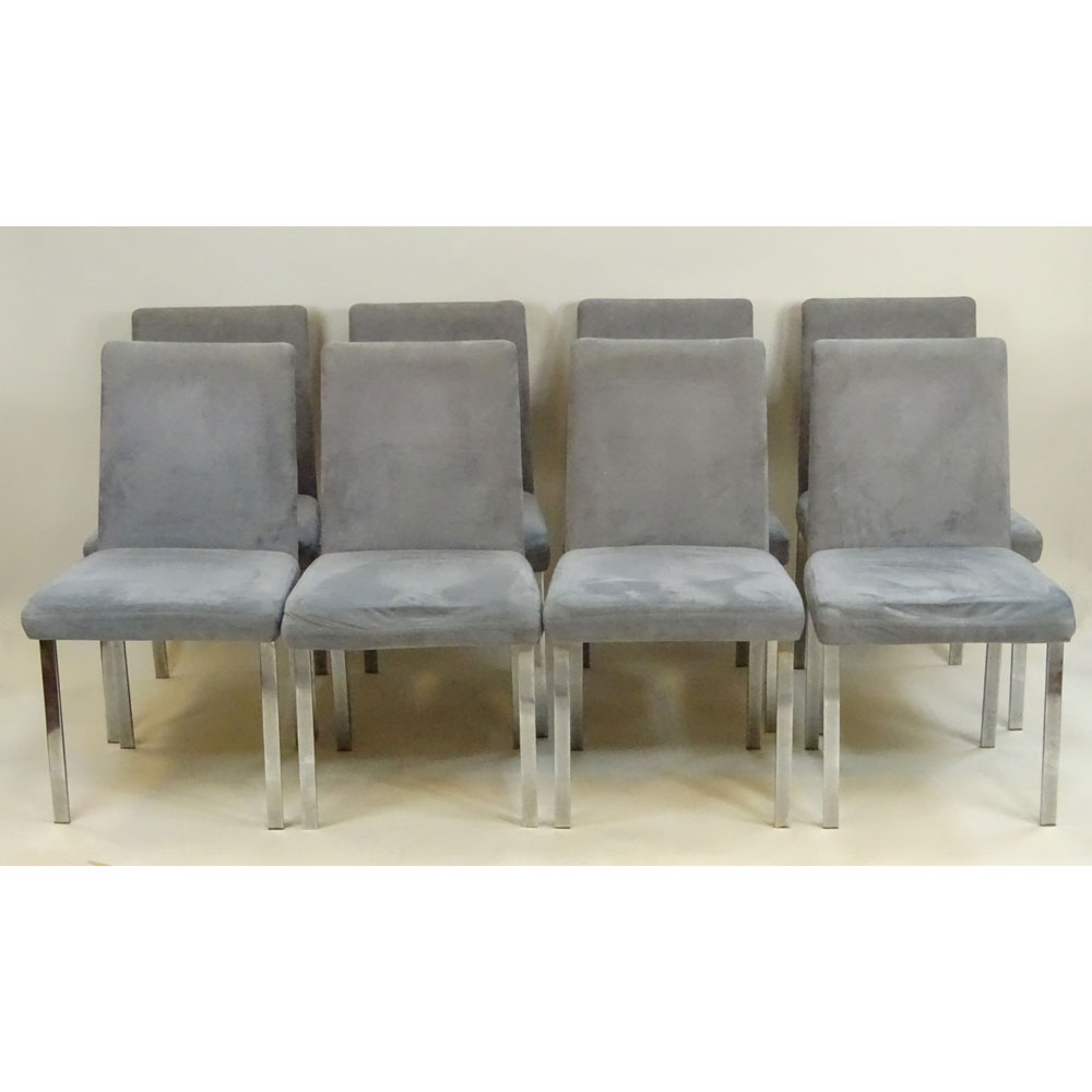Lot of Eight (8) Mid Century Tri-Mark Designs Flatbar Chrome and Faux Suede Upholstered Dining Side Chairs.