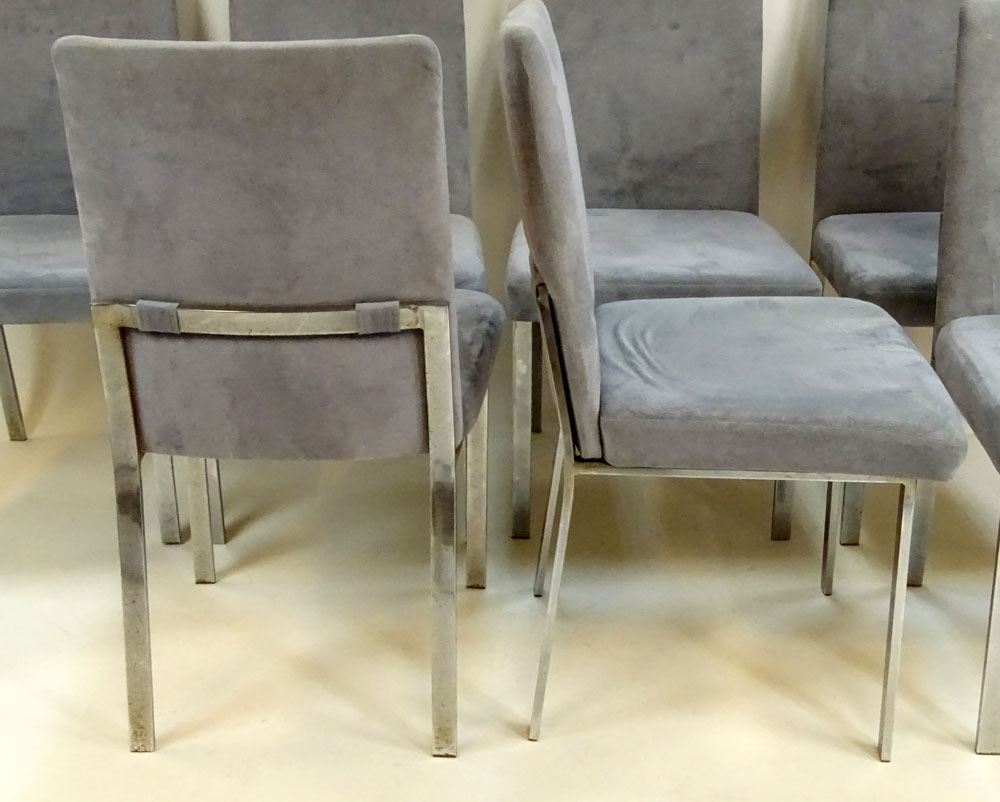 Lot of Eight (8) Mid Century Tri-Mark Designs Flatbar Chrome and Faux Suede Upholstered Dining Side Chairs.