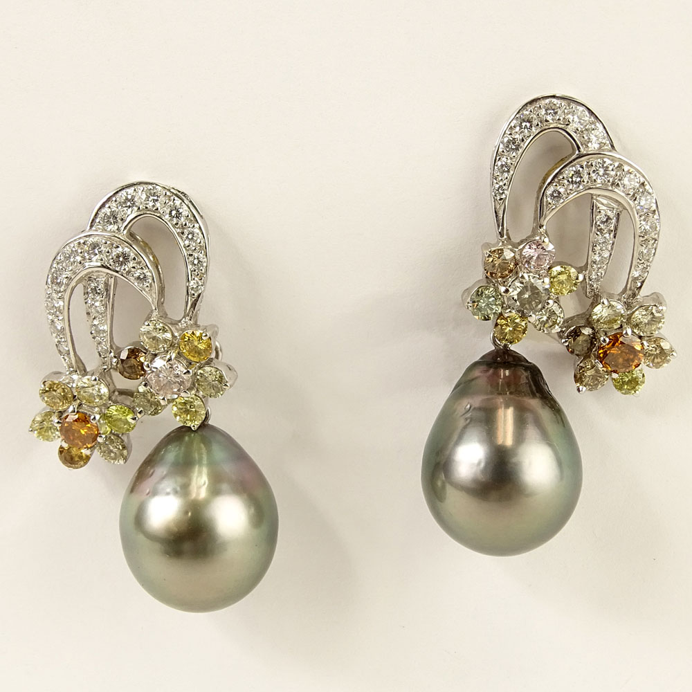 South Sea Gray Pearl, Approx. 3.25 Carat Multi Color Round Cut Diamond and 18 Karat White Gold Earrings. 