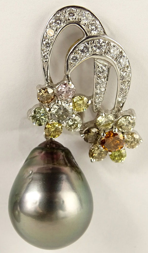 South Sea Gray Pearl, Approx. 3.25 Carat Multi Color Round Cut Diamond and 18 Karat White Gold Earrings. 
