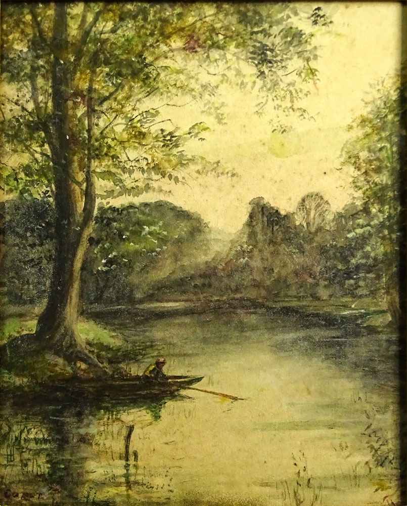 Attributed to: Jean-Baptiste-Camille Corot, French (1796-1875) Watercolor on Paper, Boater on Wooded Lake. 