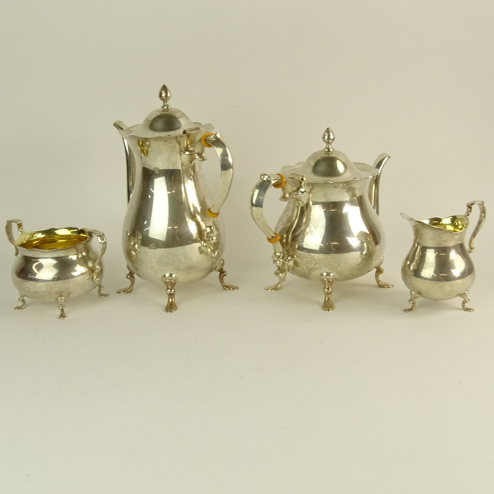 Vintage Poole Sterling Silver Four (4) Piece Tea Set. Sugar and creamer with gold washed interior.