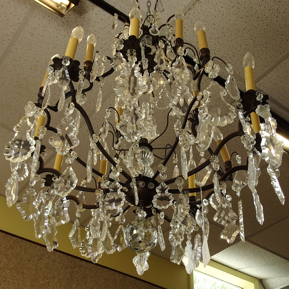Louis XV Style Wrought Iron and Crystal 12 Arm Cage Chandelier. 16 Lights total.