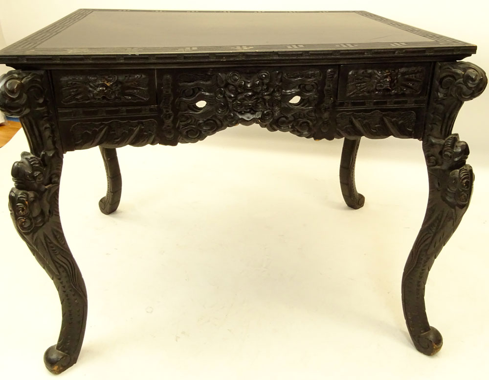 20th Century Chinese Carved Wood game table with added glass top.