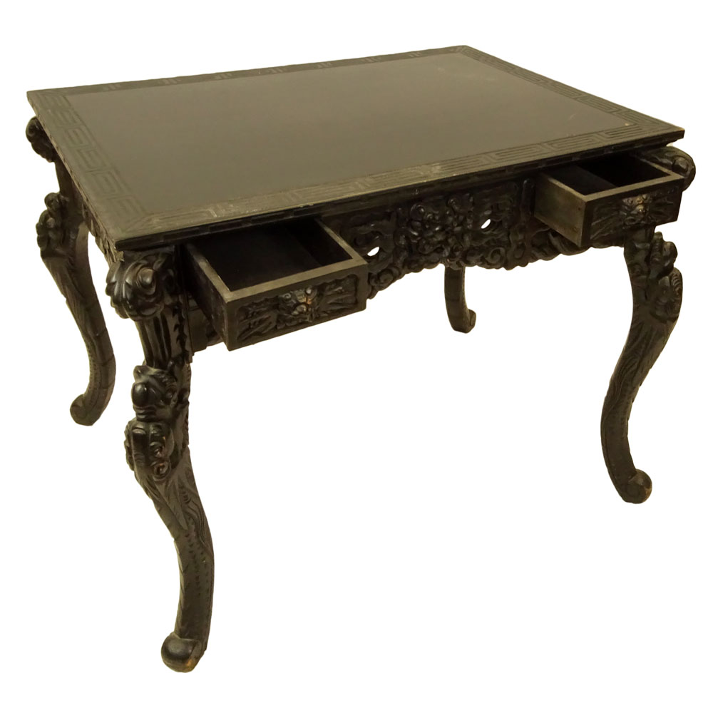 20th Century Chinese Carved Wood game table with added glass top.