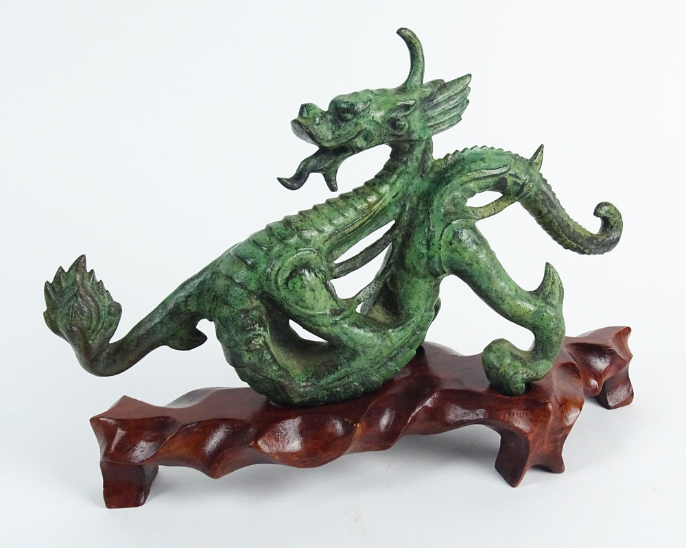 Chinese Archaistic Bronze Dragon Figure on Fitted Wooden Stand.