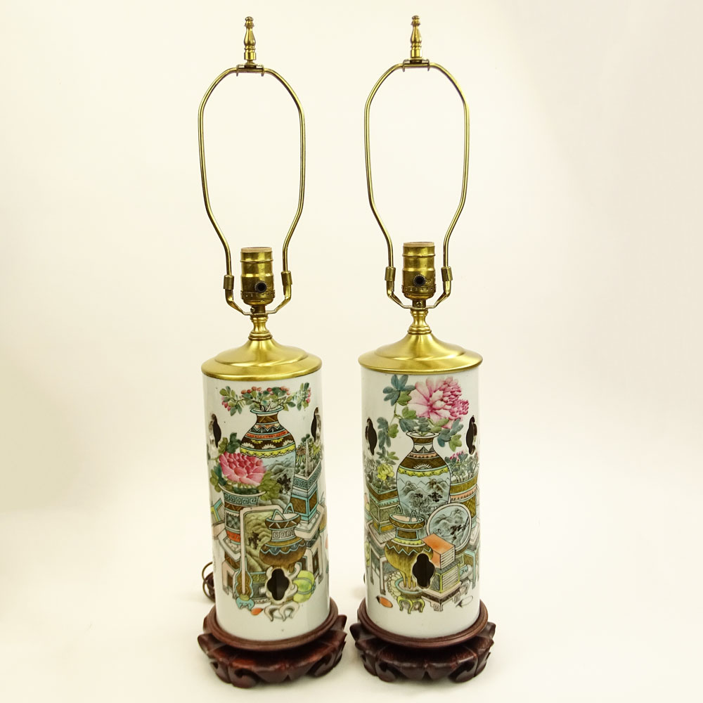 Pair of 19/20th C. Chinese Porcelain Hat Stands Lamps.