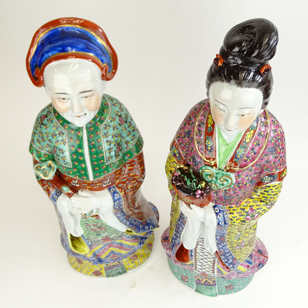 Pair of Large Chinese Republic Multicolored Enamel Porcelain Figures. "Emperor and Empress"