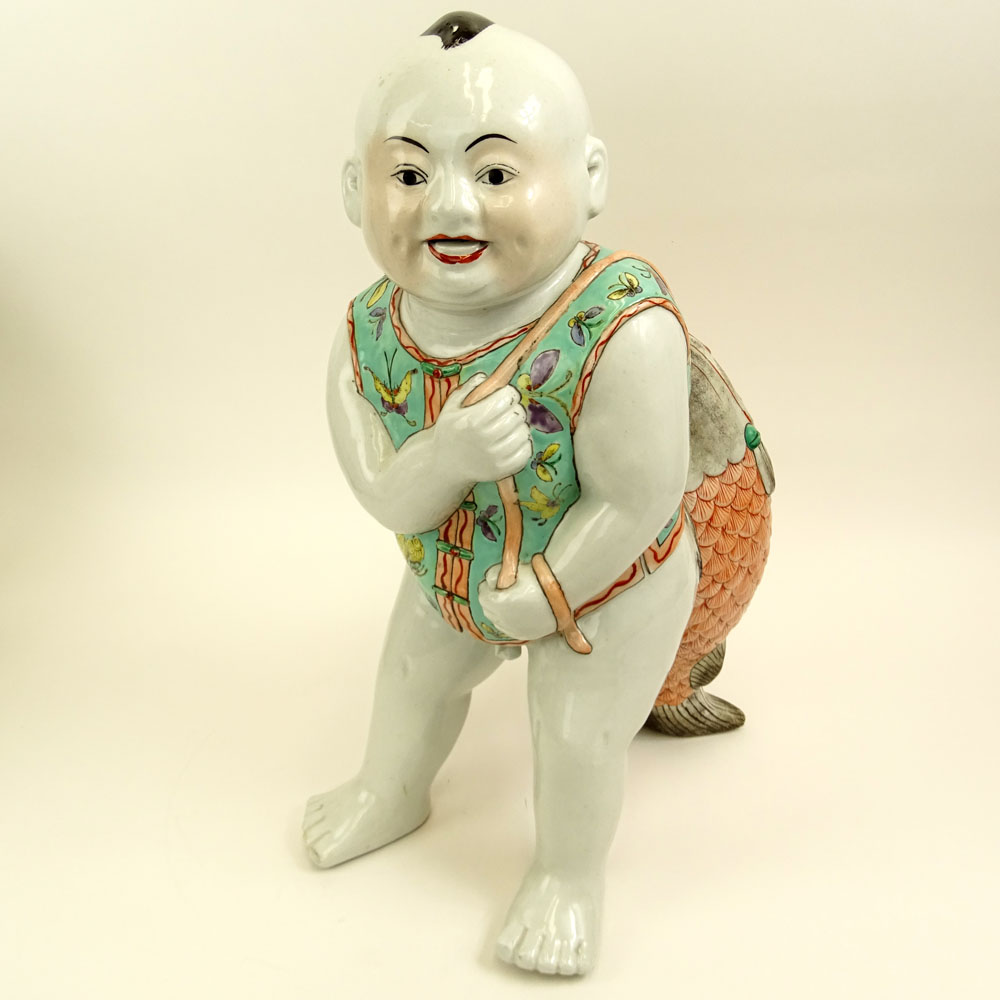 Mid 20th Century Chinese Porcelain Large Figure of a Boy With Fish.