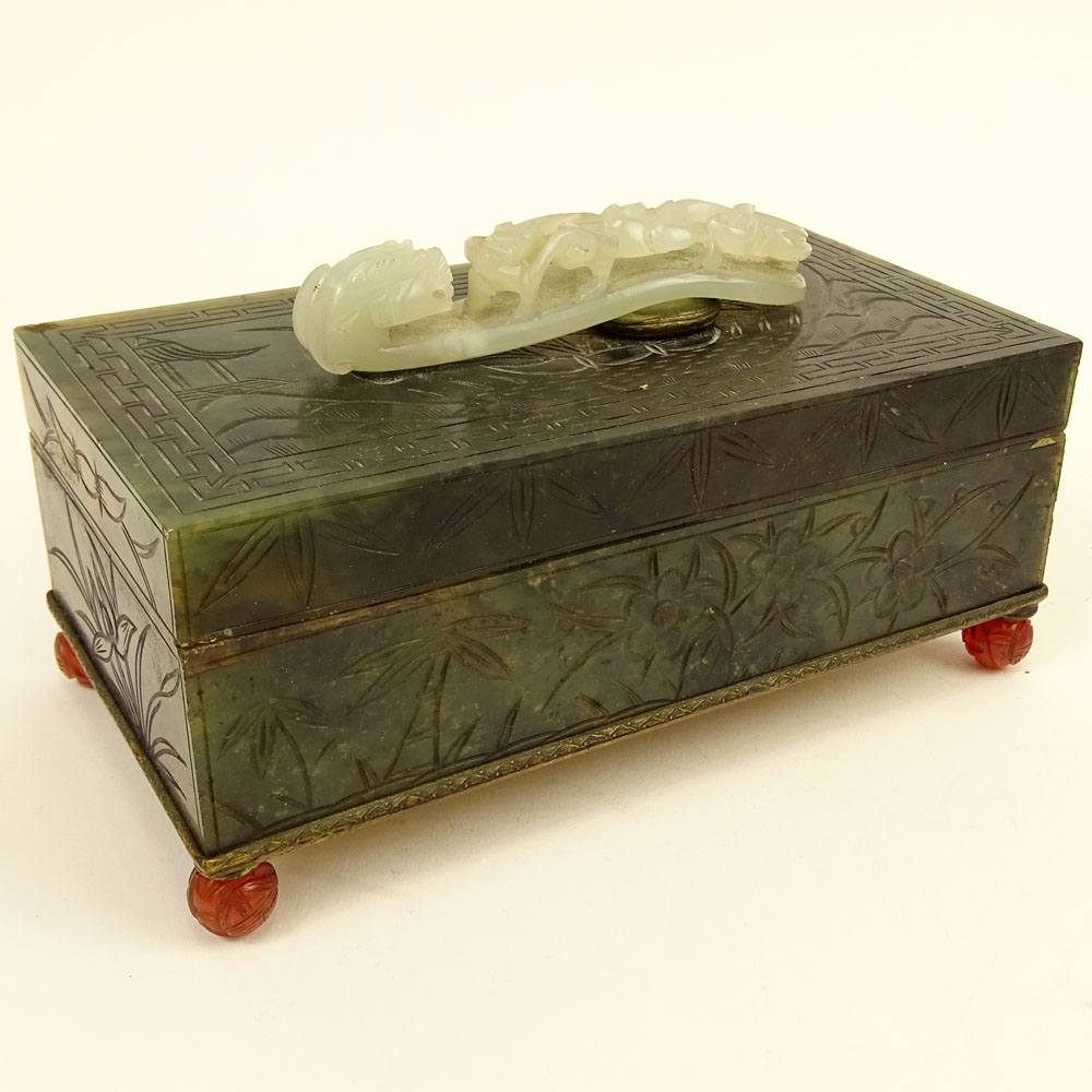 Vintage Chinese Mottled Spinach Jade Covered Box with White Jade Belt buckle Top.
