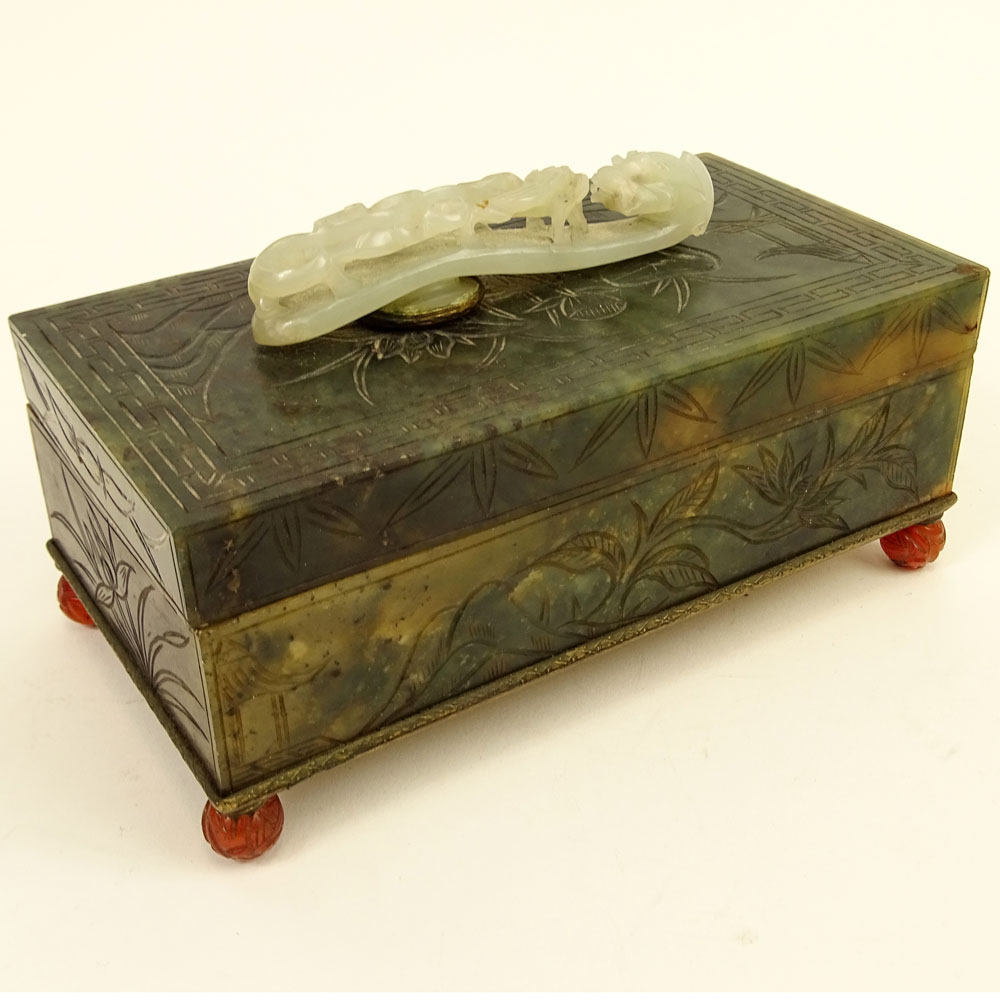Vintage Chinese Mottled Spinach Jade Covered Box with White Jade Belt buckle Top.