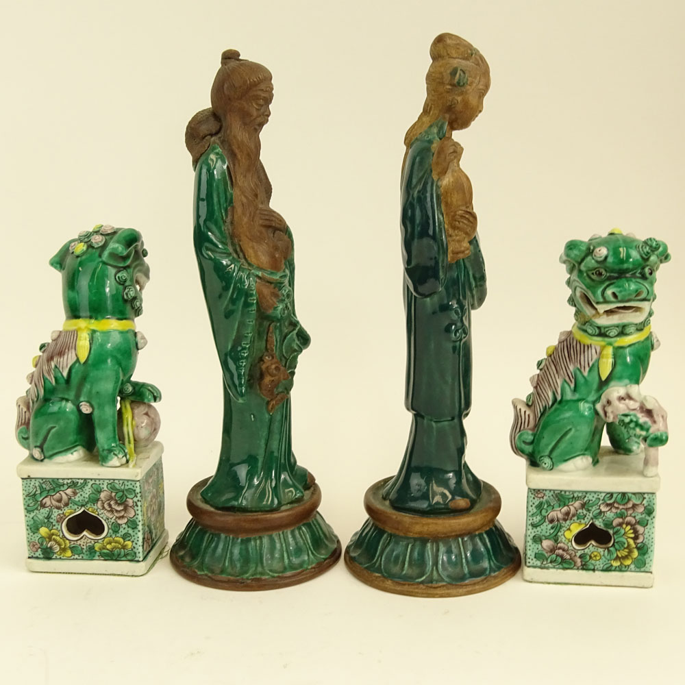 Two Pair of Vintage Chinese Figures. One pair green glazed terracotta Emperor and Empress.