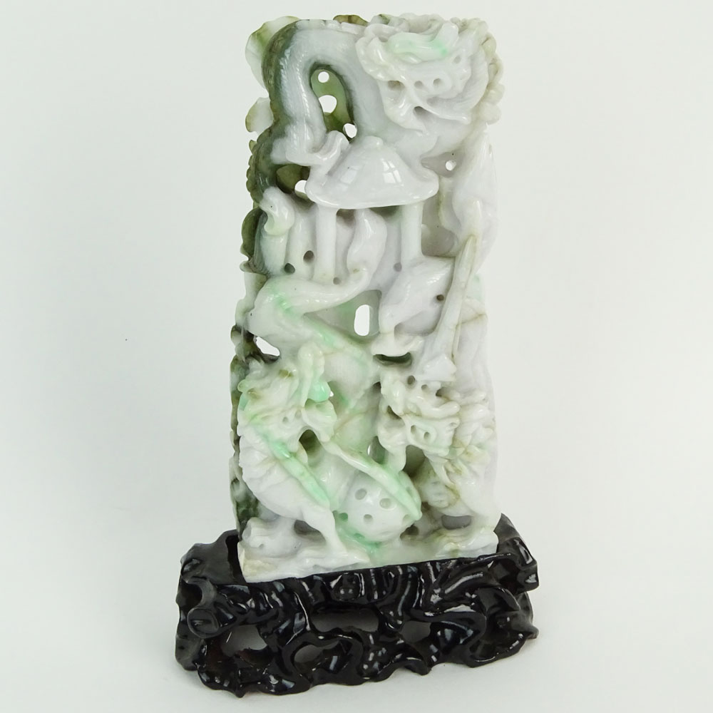 Chinese Mottled Green Jadeite Jade on Stand, Dragon Motif. Carved hardwood stand.