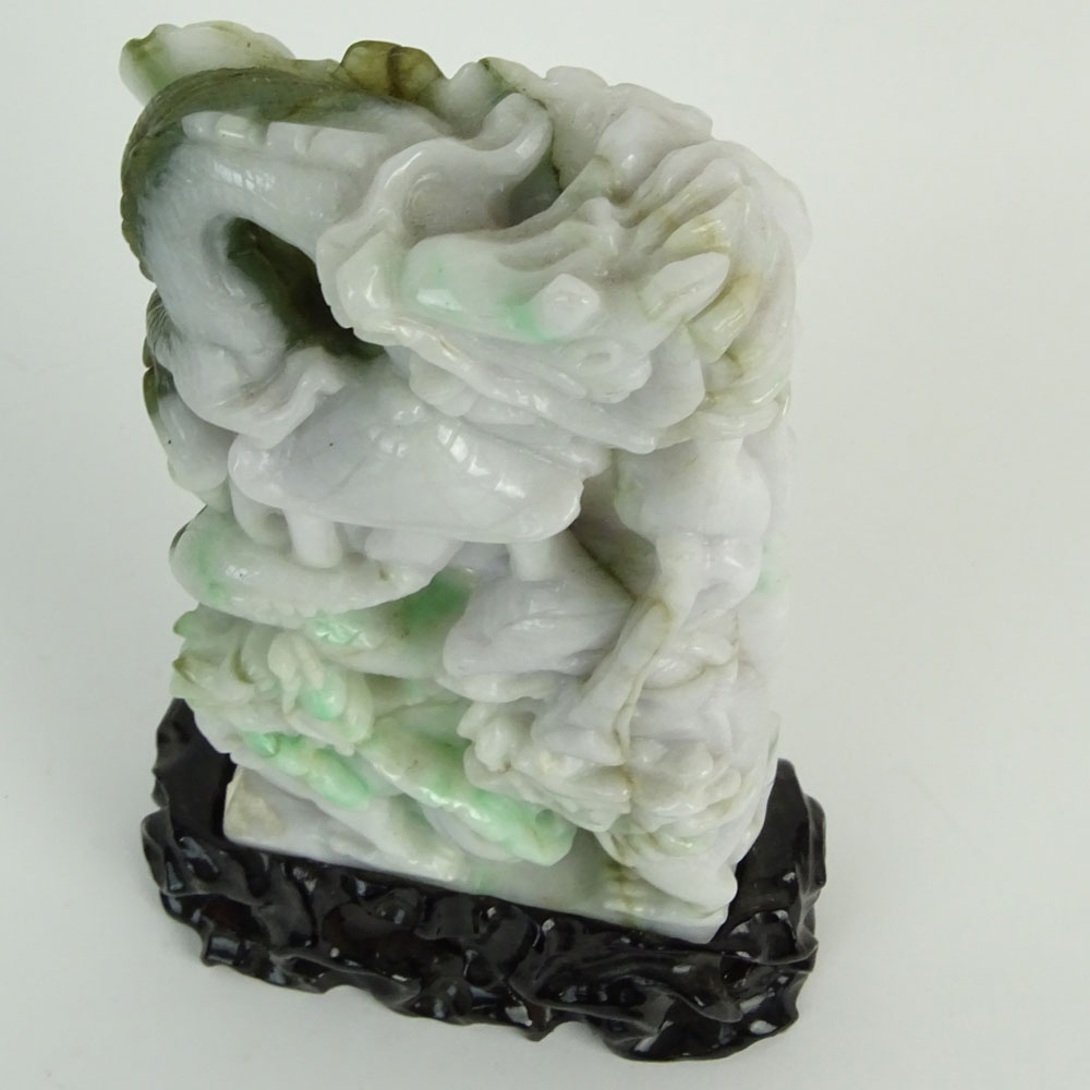 Chinese Mottled Green Jadeite Jade on Stand, Dragon Motif. Carved hardwood stand.