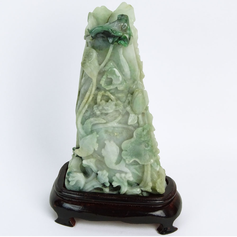 Chinese Mottled Green and White Jadeite Jade Carved Leaf Motif "Vase" Figurine.