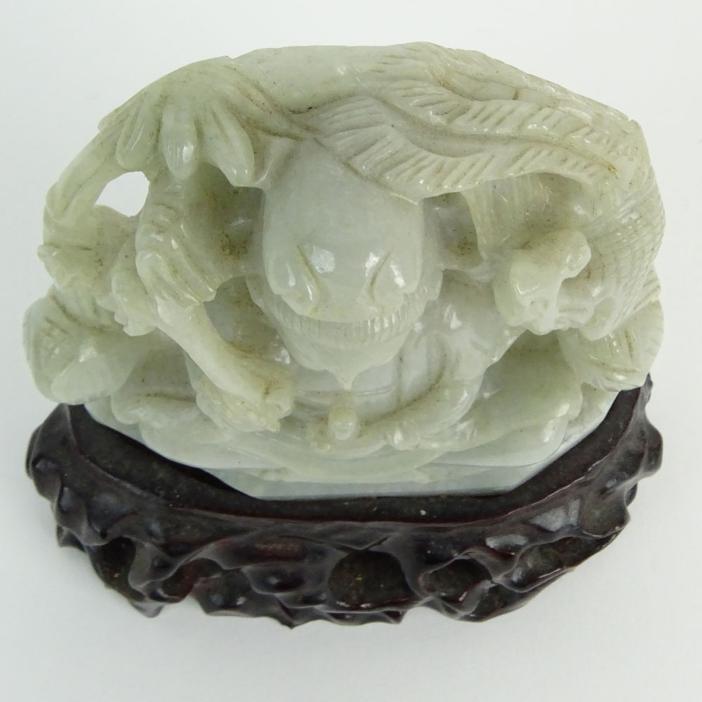Chinese Greenish Gray Jadeite Jade Carved Guanyin Figurine. Hardwood stand.