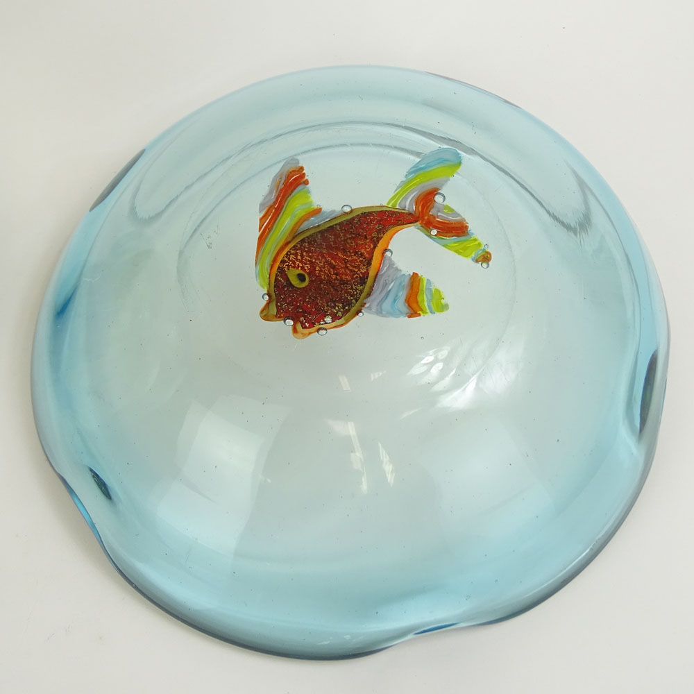 Large Contemporary Art Glass Paperweight with Fish Motif and a Vintage Glass Bowl with Fish Motif.