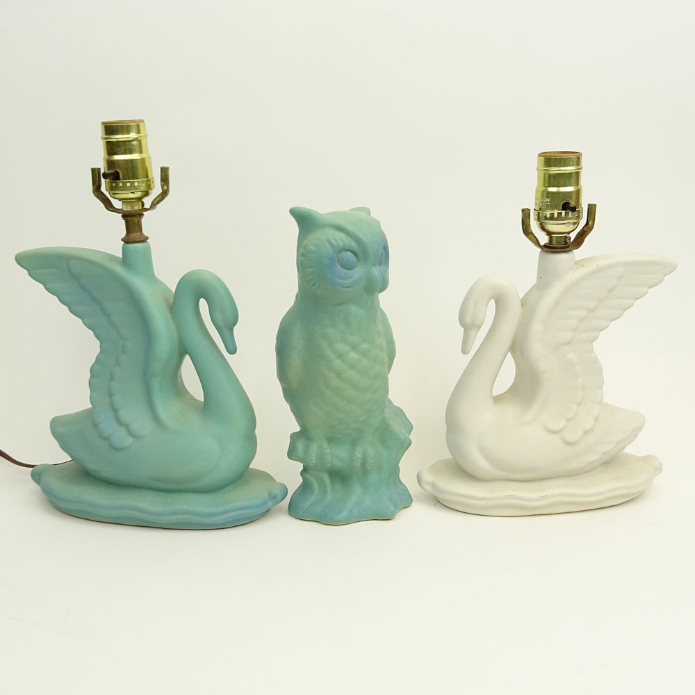Three (3) Pieces Vintage Van Briggle Pottery Including Two (2) Swan Lamps and One (1) Owl Figure together with The Collector's Encyclopedia of Van Briggle.