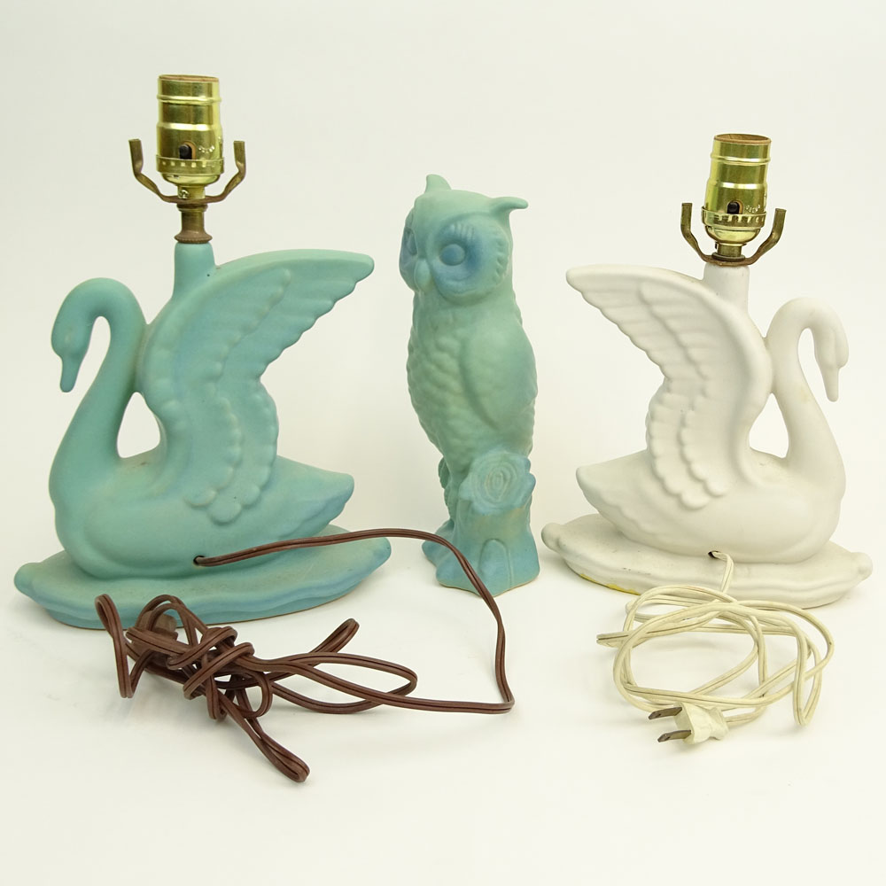 Three (3) Pieces Vintage Van Briggle Pottery Including Two (2) Swan Lamps and One (1) Owl Figure together with The Collector's Encyclopedia of Van Briggle.