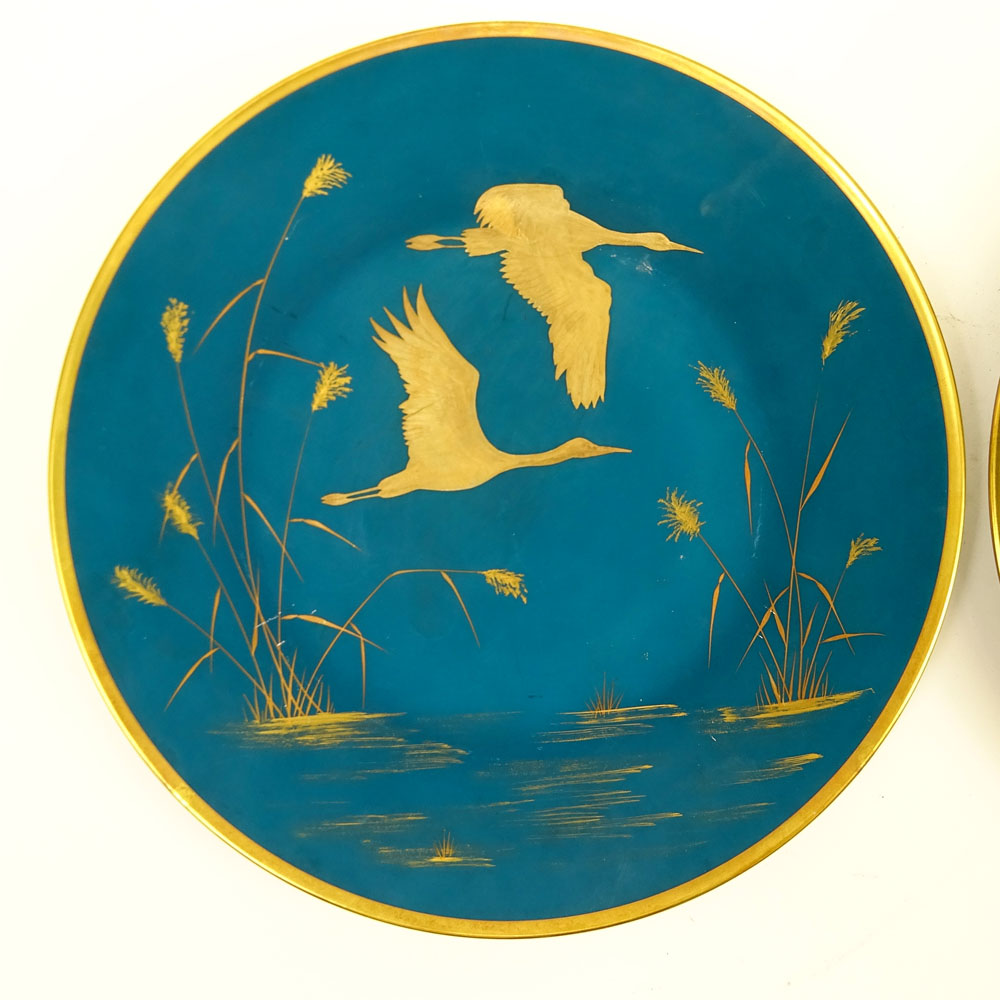 Set of Three (3) Vintage Rosenthal Hand painted Plates.  Gilt birds on turquoise matte ground.