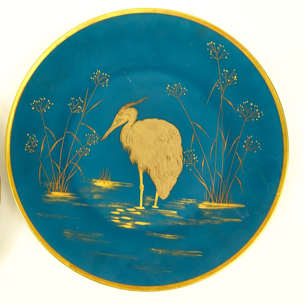Set of Three (3) Vintage Rosenthal Hand painted Plates.  Gilt birds on turquoise matte ground.