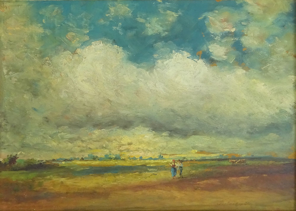 Antique Hungarian School Oil on Panel "Figures In A Landscape" 