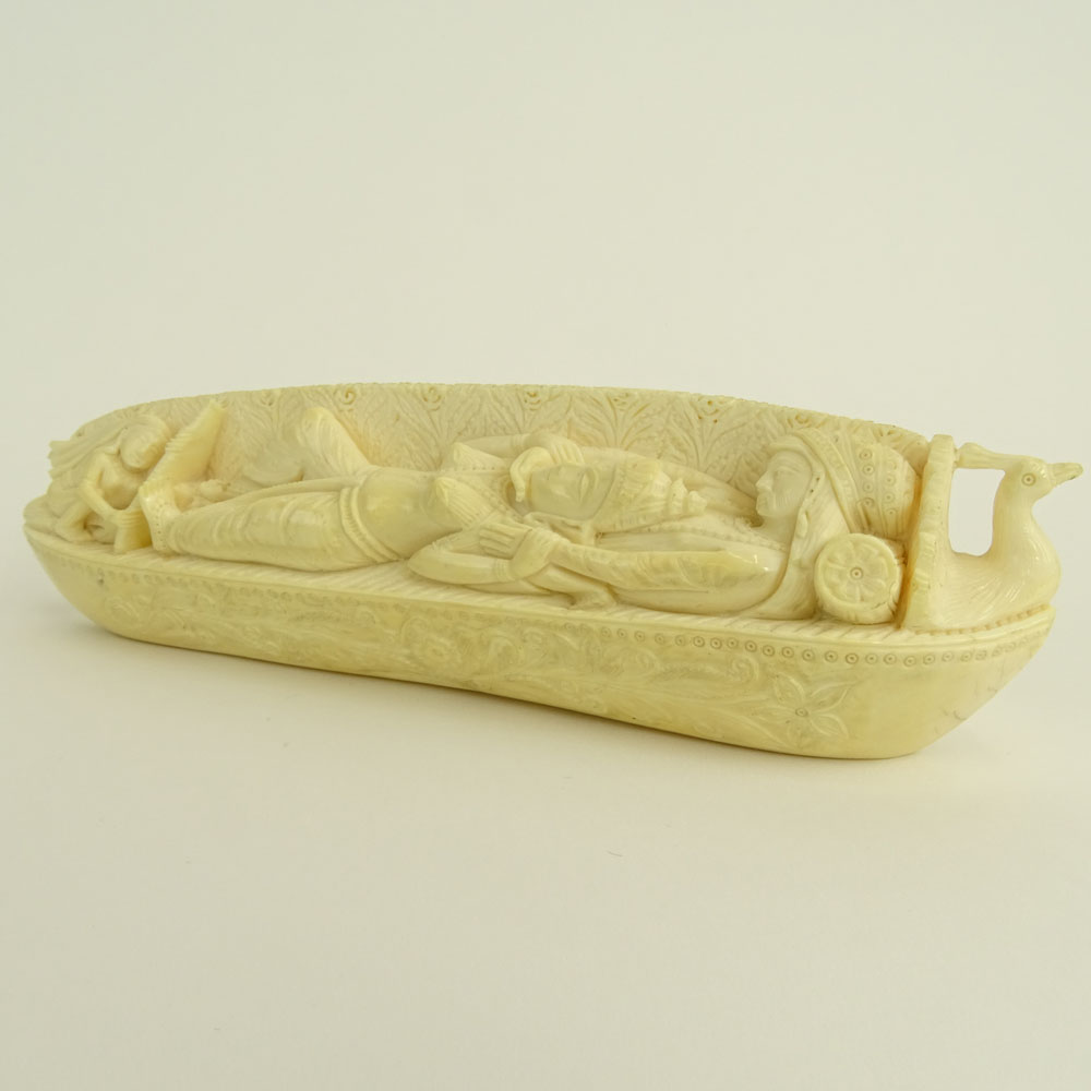 Heavy Vintage Indian Ivory Carving Depicting a Canoe With Figures.
