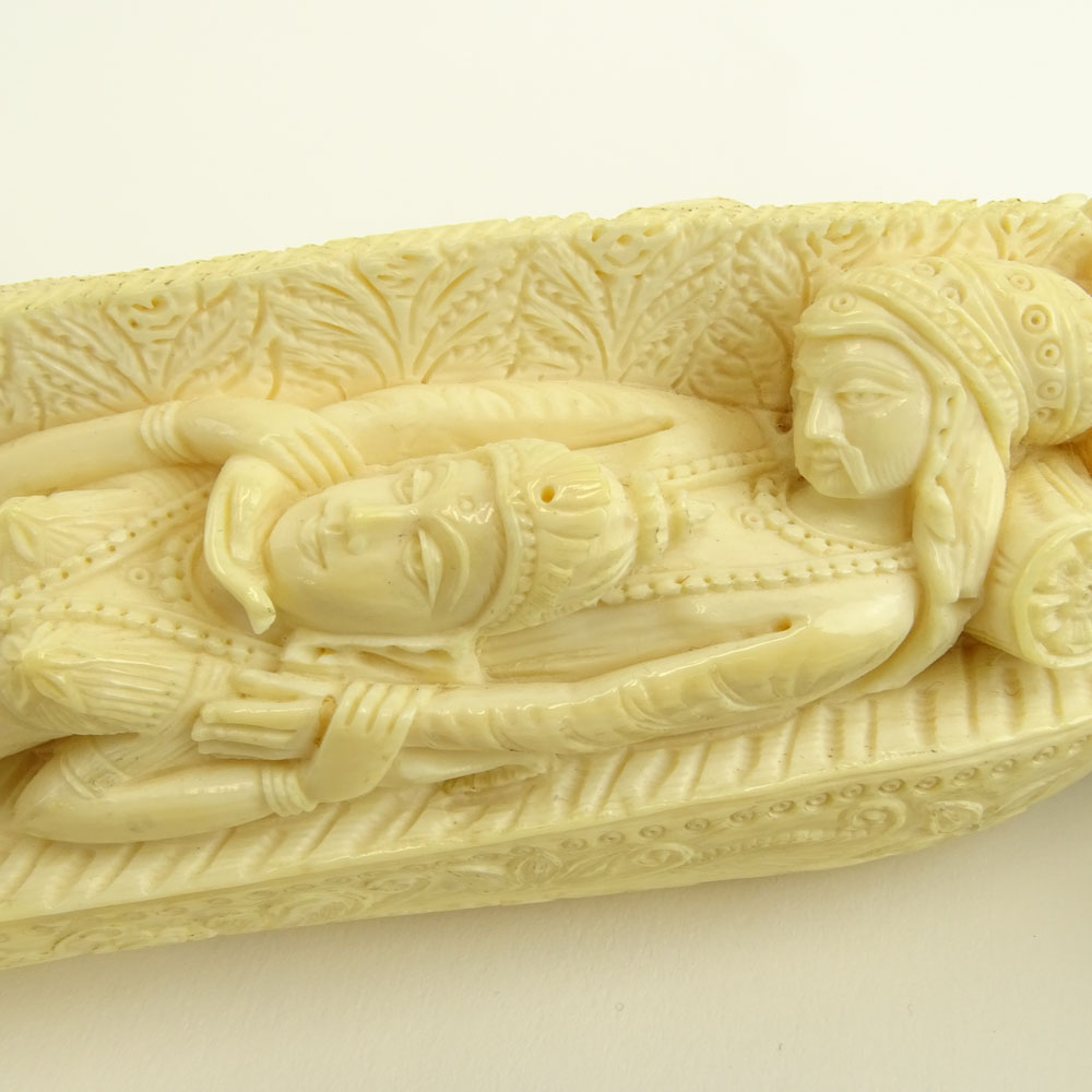 Heavy Vintage Indian Ivory Carving Depicting a Canoe With Figures.