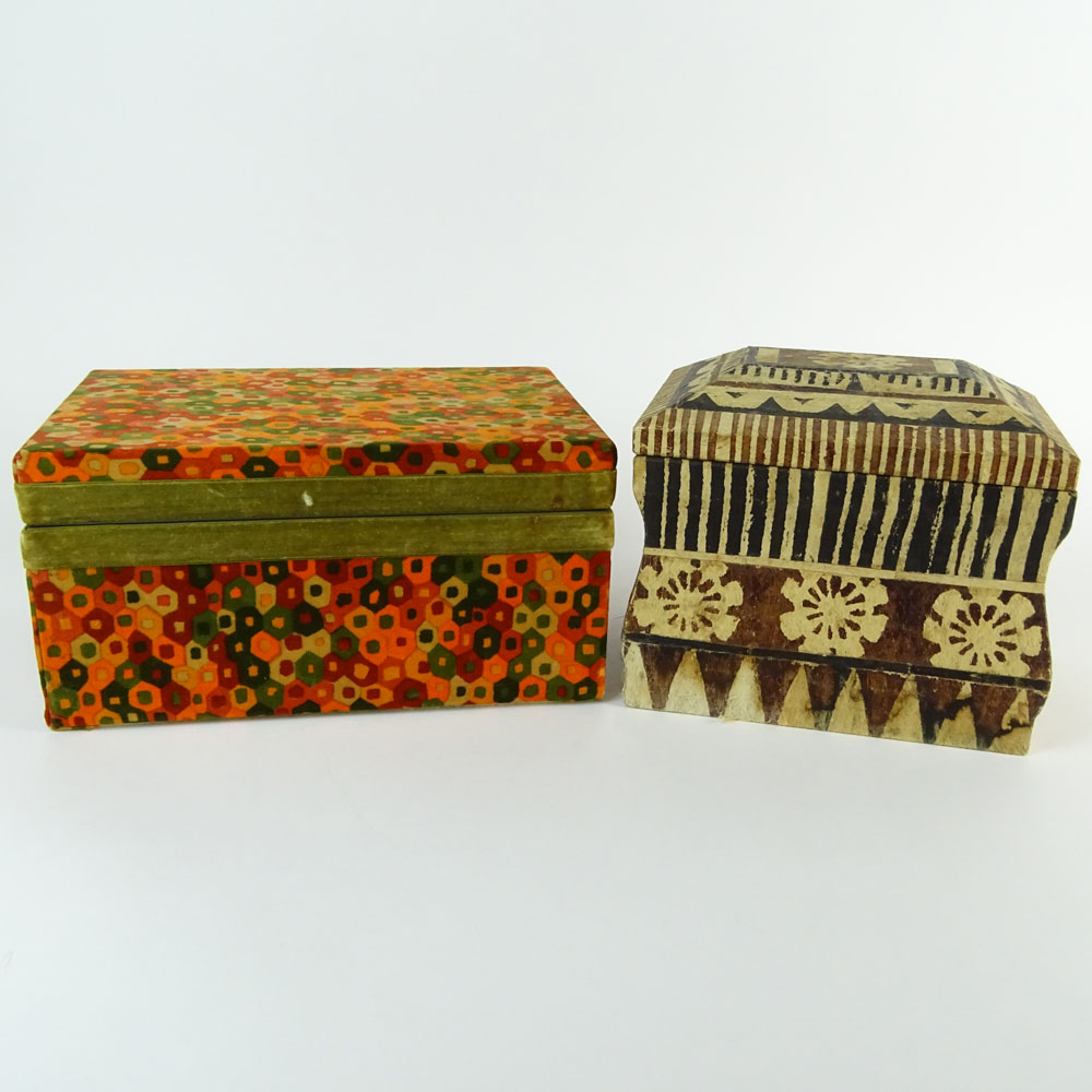 Lot of Two (2) Mid-Century Modern Boxes. One painted wood and paper with suede interior.