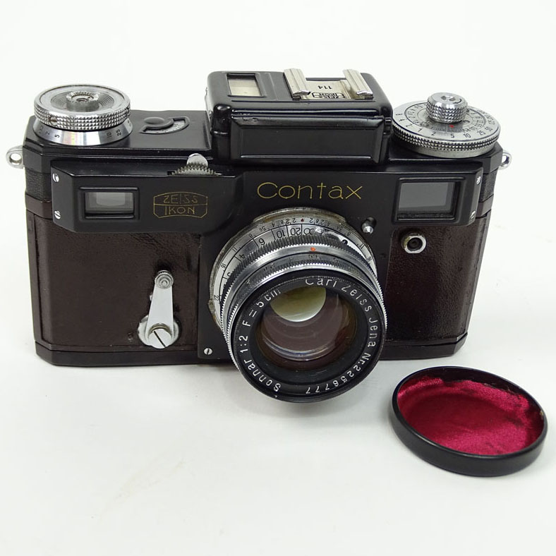 Vintage Zeiss Contax Black Body Camera with Sonnar Lens and Leather Case.