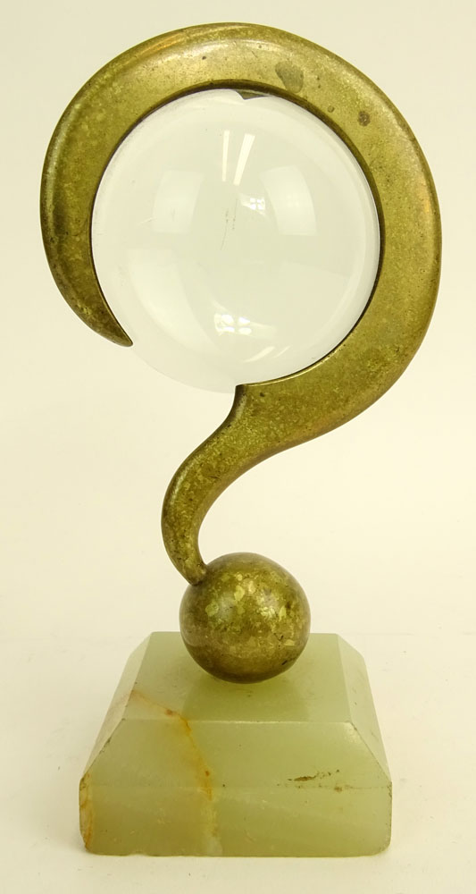 Mid Century Bronze Question Mark Magnifying Glass on Plinth Base.