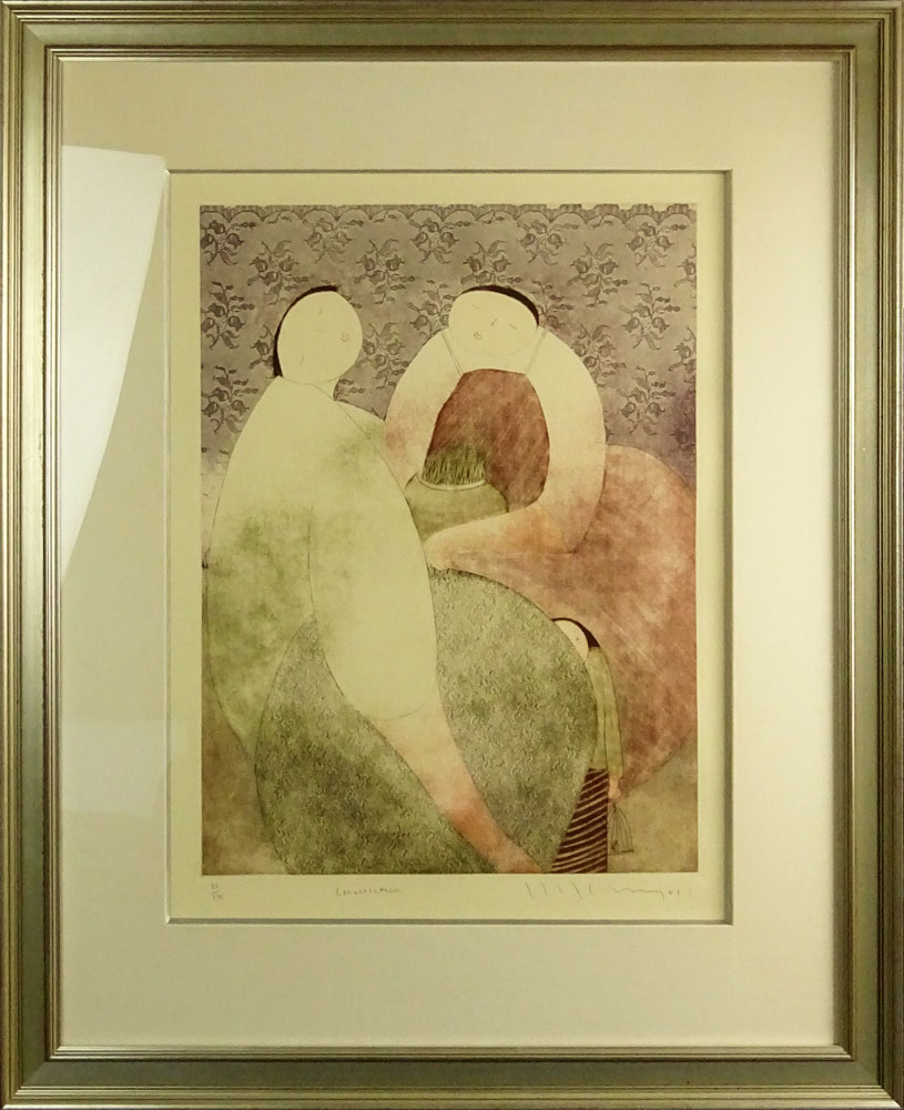 Modern Signed Color Lithograph "Conversation" 