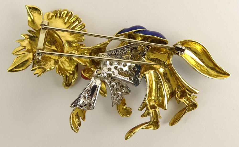 Vintage 18 Karat Yellow Gold and Enamel Fox Brooch Accented with Round Brilliant Cut Diamonds.