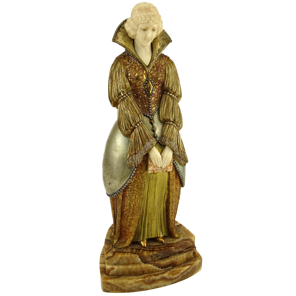 Demetre Chiparus, Romanian (1886-1947) "After Reading", Circa 1925 Gilt and Cold Painted Bronze Sculpture on Stepped Onyx Base. 