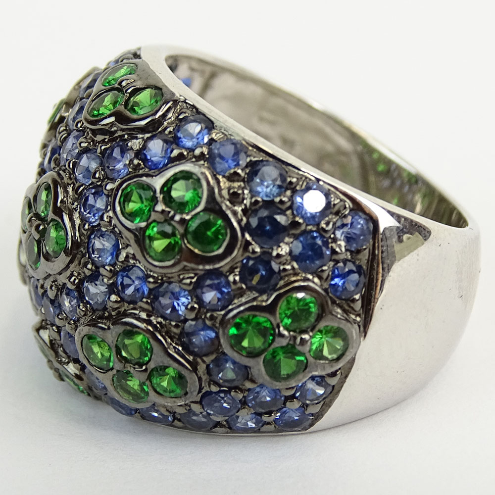 Levian Approx. 3.90 Carat TW Sapphire, Green Garnet and 18 Karat White Gold Ring. 